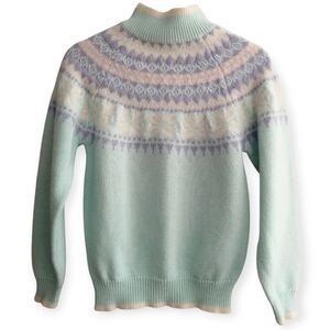 Vintage Knit Turtleneck Sweater Pastel Fair Isle Lambswool & Angora Blend Small